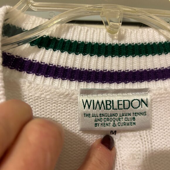 Mens WIMBLEDON Sz M White V-Neck Long Sleeve Cable Knit Tennis Sweater Top - Picture 6 of 8